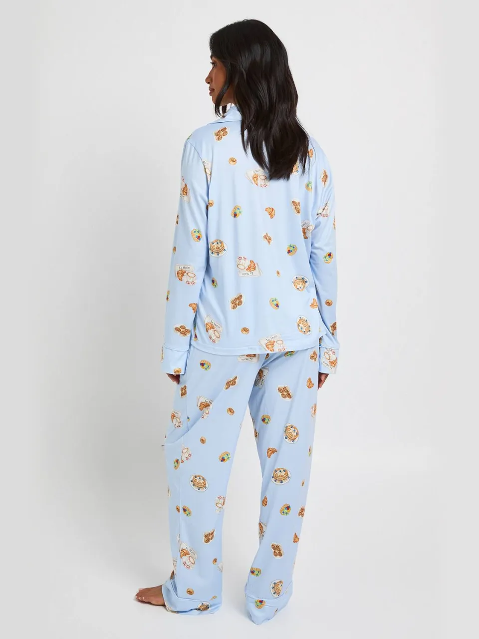 boohoo Dames Petite Pyjama Set Met Ontbijtprint, Paspeldetail, Lange Mouwen En Broek babyblauw, foto 2