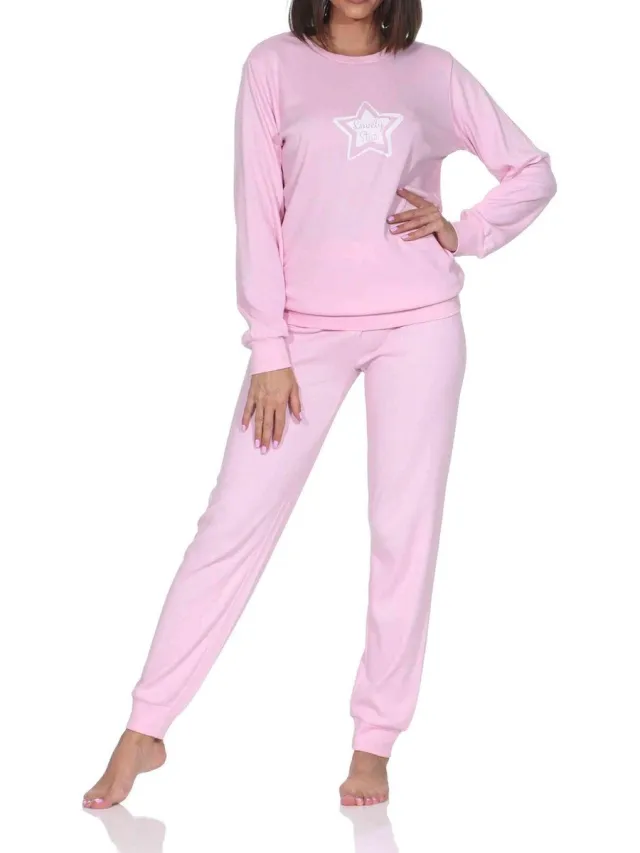 Normann dames lange pyjama in knuffelzachte interlock kwaliteit met boorden in sterlook roze
