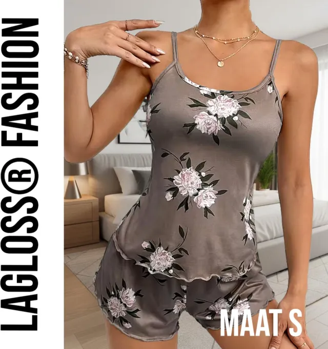 LaGloss Dames Pyjama Set Bloemblaadjesprint – Mouwloos en Short – Luchtig en Comfortabel Bruin