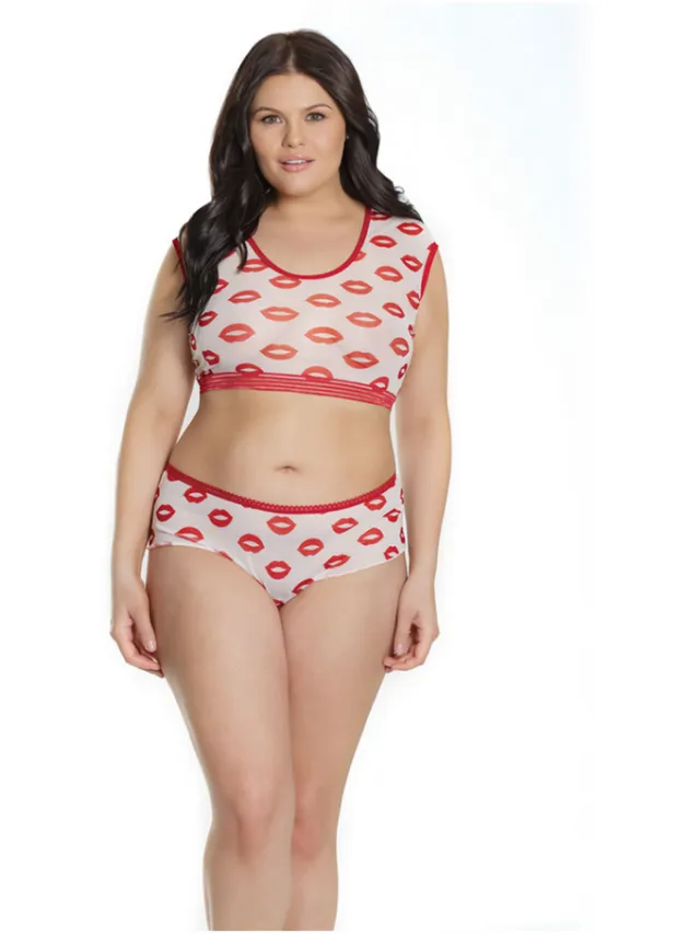 Coquette crop top en shorts met lippenprint wit