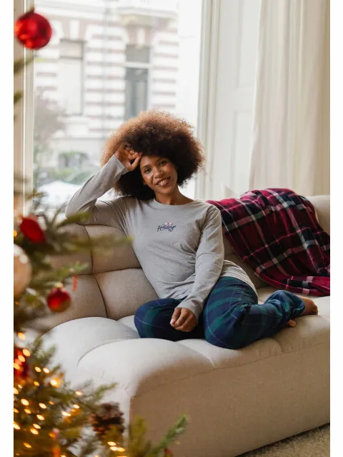 Happy Shorts Dames kerst pyjama set shirt + broek grijs/groen geruit Veelkleurig