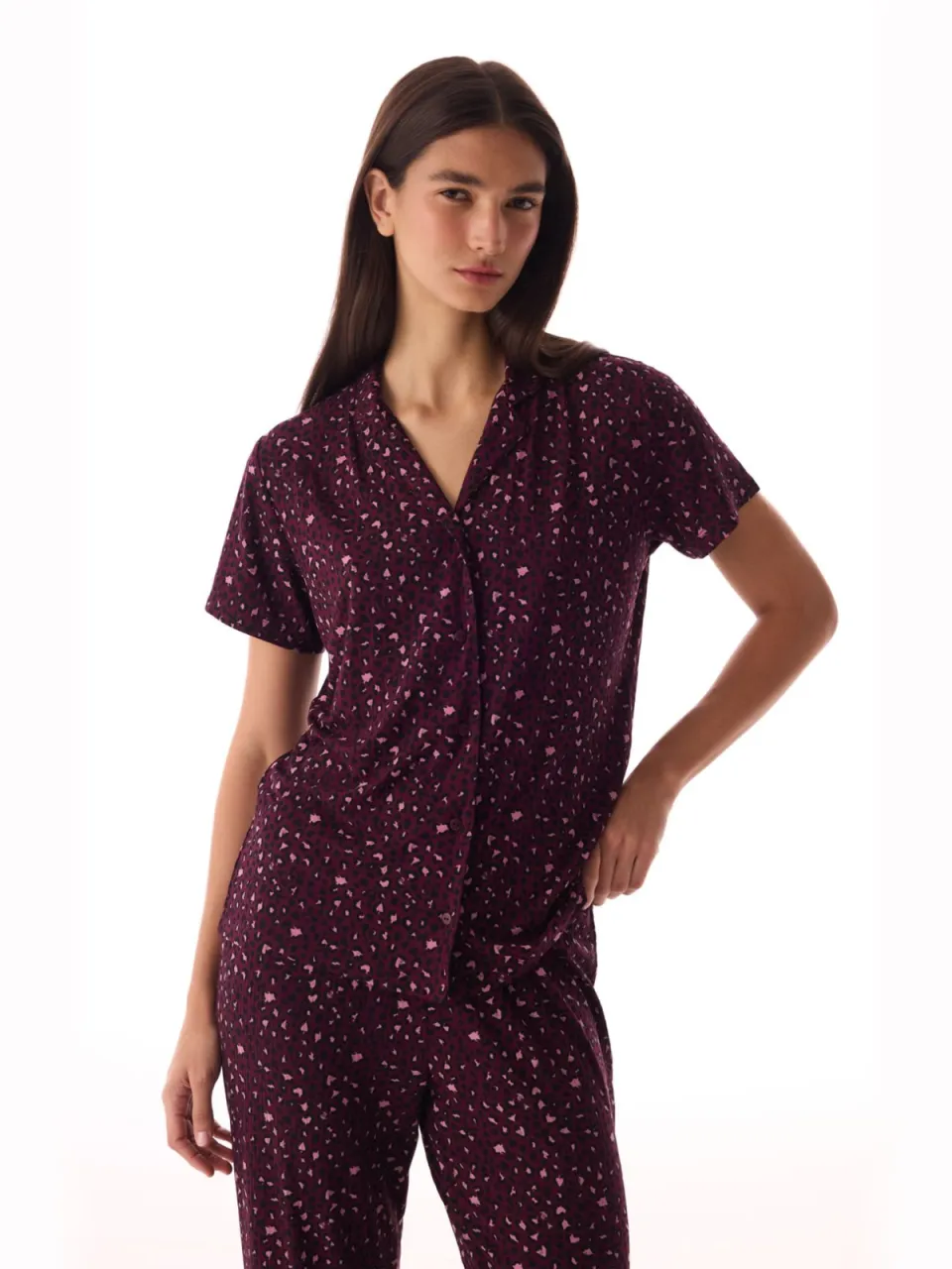 Penti Luipaard Geribbelde Korte Mouwen Shirt Broek Pyjama Set bordeauxrood, foto 2