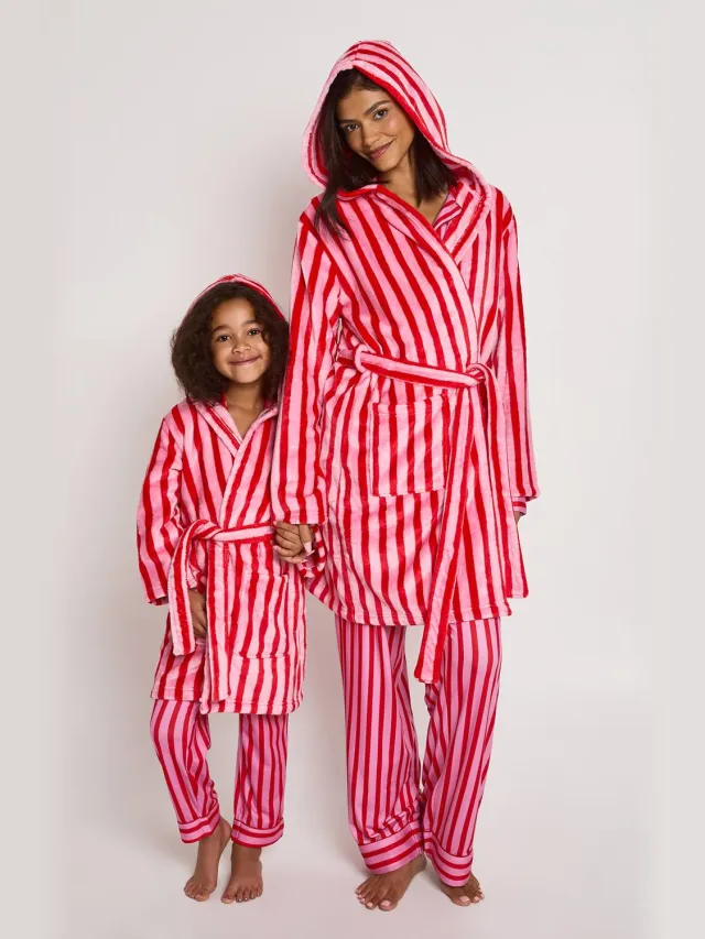 boohoo Dames Dames Bijpassende Familie Snoepstreep Mini Badjas Roze