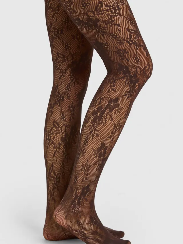 boohoo Dames Chocolade Bloemen Kant Visnet Panty Chocoladebruin