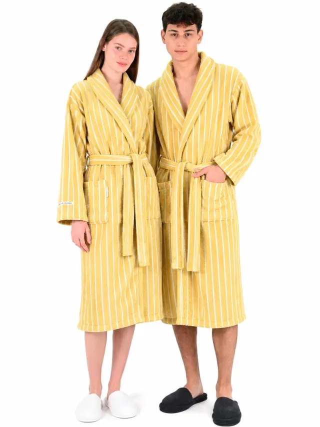 PandaHome L&G - Unisex Badjas - 100% Katoen Badjas - Katoen badstof - Sjaalkraag - Badjas dames - Badjas heren - Badjas dames en heren - Gestreepte badjassen - Geel