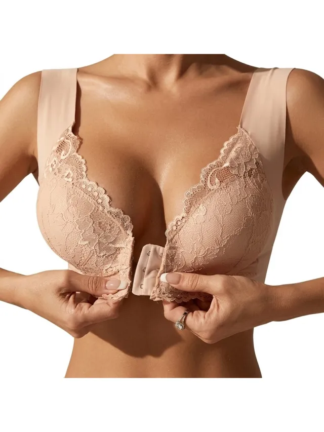 NUVEX Licht beige kanten bh dames maat M – draadloze naadloze bralette met diepe V hals en voorsluiting – ondersteunende lingerie bh met brede banden en kanten details