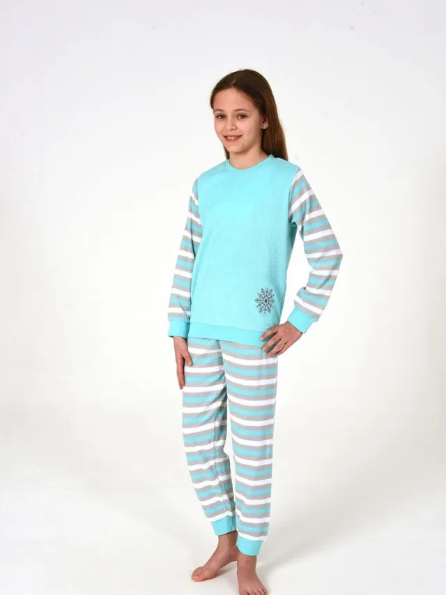 Normann Meisjespyjama, badstof pyjama met manchetten en een schattig motief - gestreepte look mint