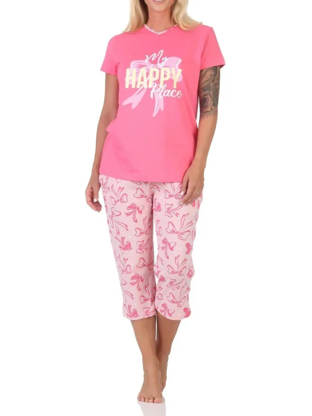 Normann dames Capri pyjama korte mouw pyjama in een klassieke look met strikken als motief pink