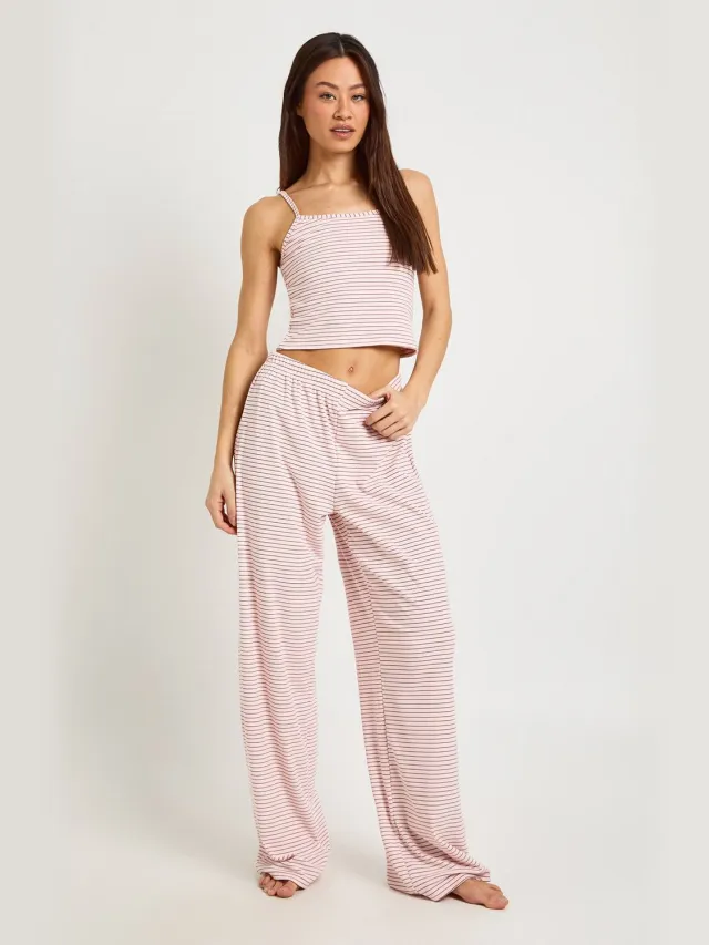 boohoo Dames Lange Zachte Geribbelde Gestreepte Hemdtop & Pyjamabroek Set Baby Roze