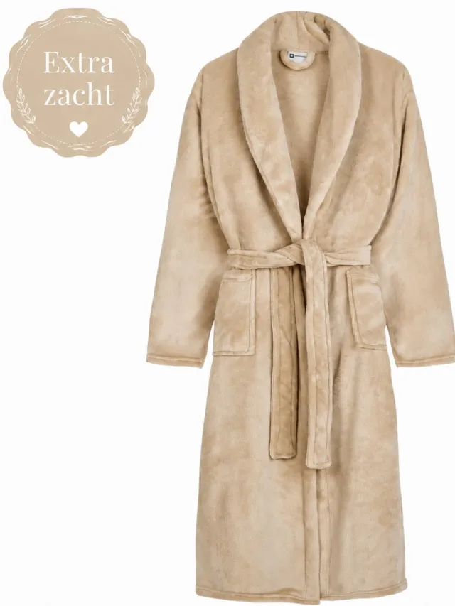 decoware Badjas Zand XL/XXL – Zachte Polyflanel Unisex Badjas – Sjaalkraag, Zakken en Riem - Unisex