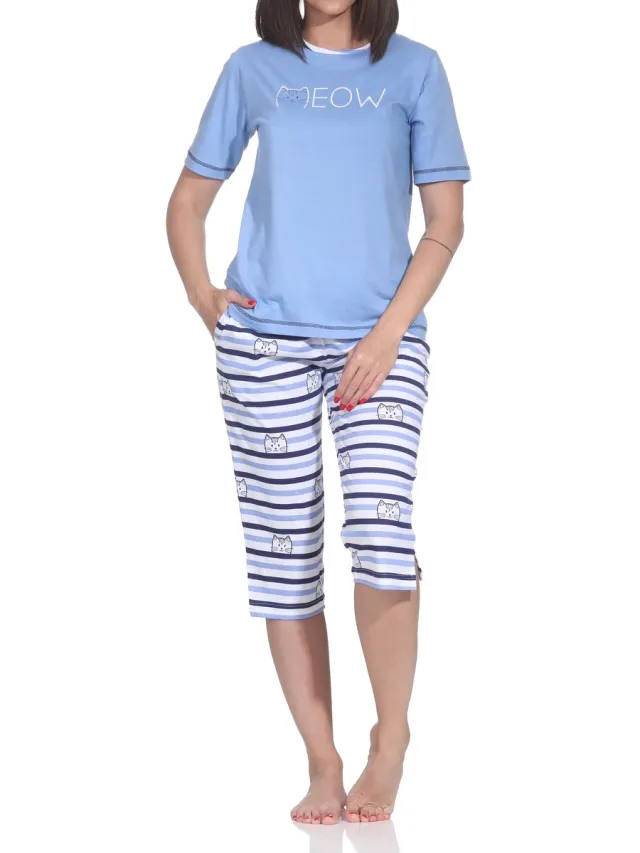 Normann dames capri pyjama met korte mouwen in kattenlook – ook in grote maten blau