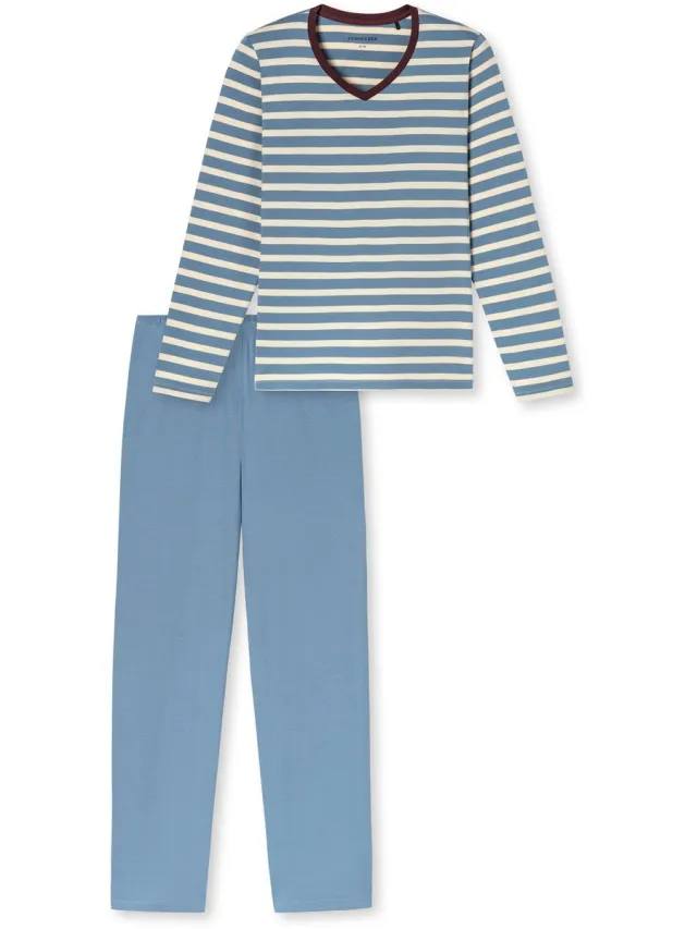 Schiesser dames Casual Essentials lange pyjama met streepjes van - grijsblauw dessin