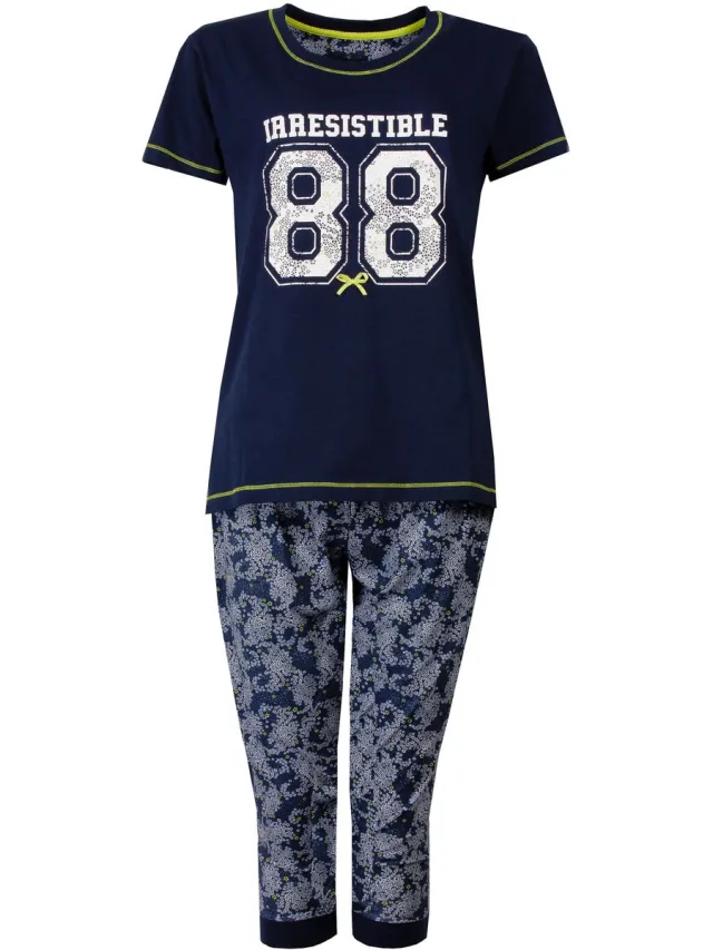 Irresistible Dames Pyjama - 3/4 Broek - Korte Mouwen - Donker blauw