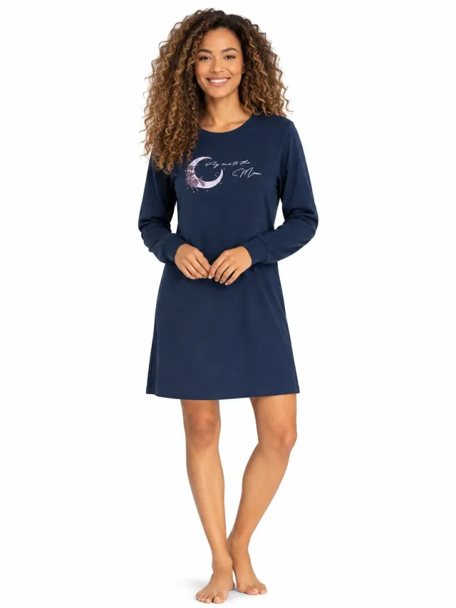 Comtessa Dames - Nachthemd – 100% Katoen – Lange Mouwen – Maanprint – Donkerblauw – 95 cm Donkerblauw, maanprint