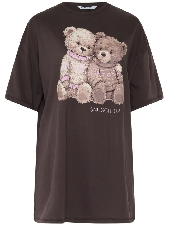Yours Chocoladebruin 'Snuggle Up' Teddy Slaaptshirt-44 Brown