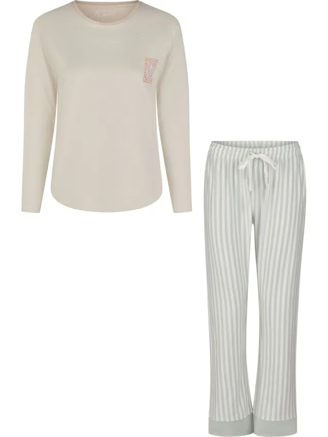 By Louise Dames Pyjama Set Lang Katoen Beige/Mintgroen Gestreept