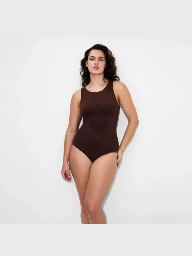 cfab Bodysuit met ronde hals en strikjes - Bruin - XS - Corrigerende Body - Naadlos - corrigerend ondergoed dames