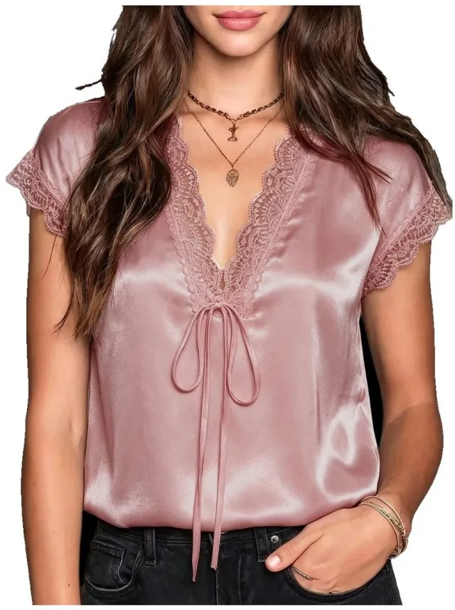 Currero Top Met Kant Dames - Topje - Kleding - Shirt - Blouse - Kort - Volwassen - Roze