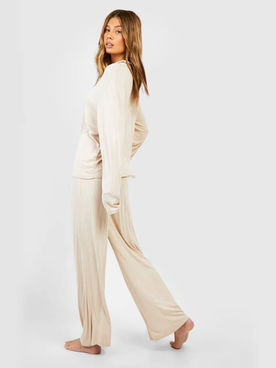 boohoo Dames Jersey Pyjama Broek met Wijd Uitlopende Pijpen steen, foto 3