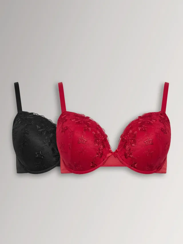 Yours 2 Pack Voorgevormde Bh's Met Bloemborduursel In Zwart/Rood, foto 2