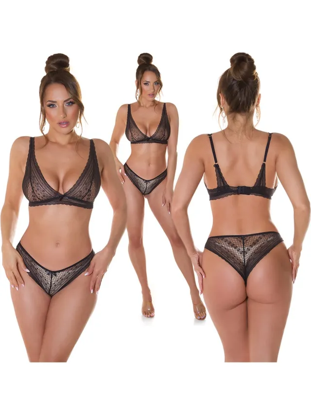 Koucla Dames Lingerie Set 2-Delig - Kanten Beha met String - Sexy Ondergoed Set - Zwart