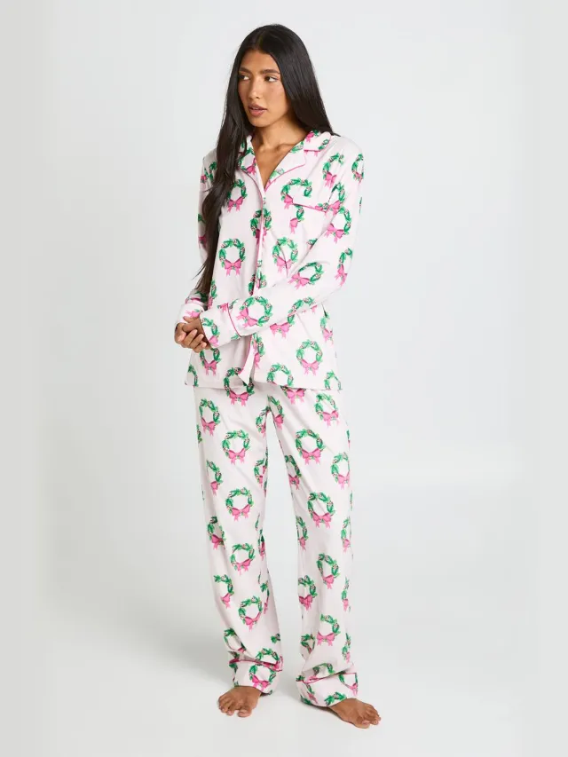 boohoo Dames Tall Super Zachte Krans Print Lange Mouw Top & Broek Pyjama Set Lichtroze