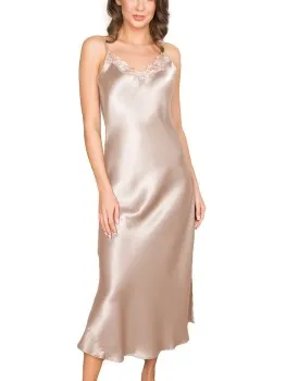 Lady Avenue Pure Silk Long Nightgown With Lace Zwart,Beige,Wit