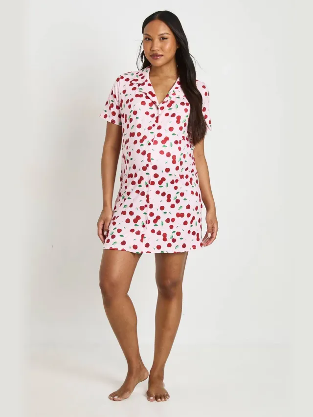 boohoo Dames Zwangerschaps Nachthemd Met Kersenprint Roze