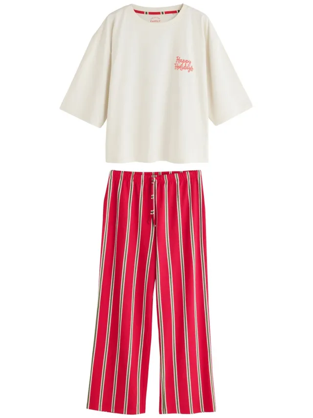 Next Dames - Kerstpyjama's met korte mouwen voor het hele gezin - Rood Ecru Happy Holidays