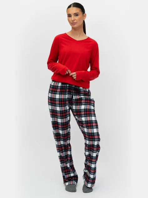 By Louise Dames pyjama set met flanellen pyjamabroek Rood