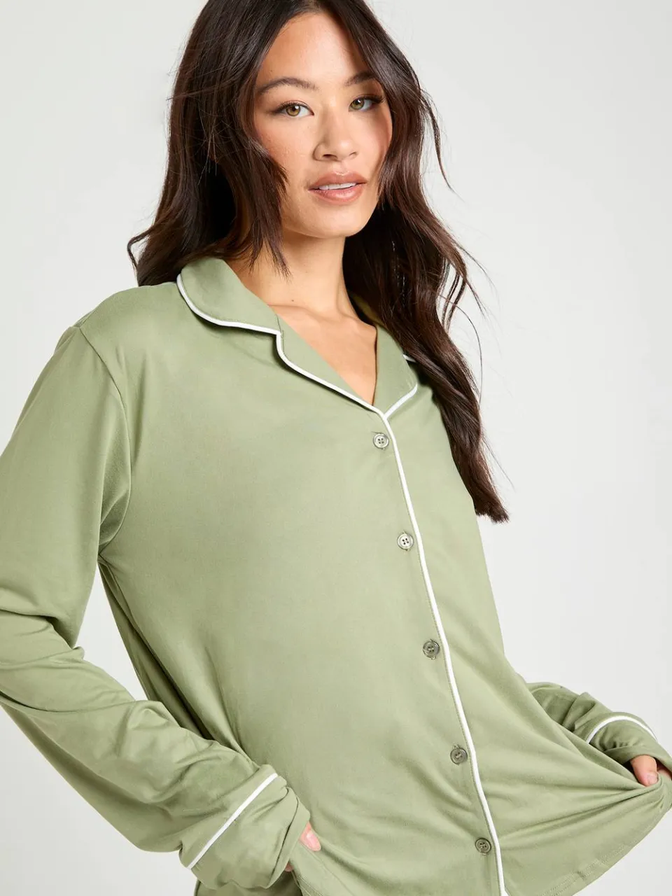 boohoo Dames Lang jersey met pijpdetail overhemd met lange mouwen & broek pyjamaset verstandig, foto 4