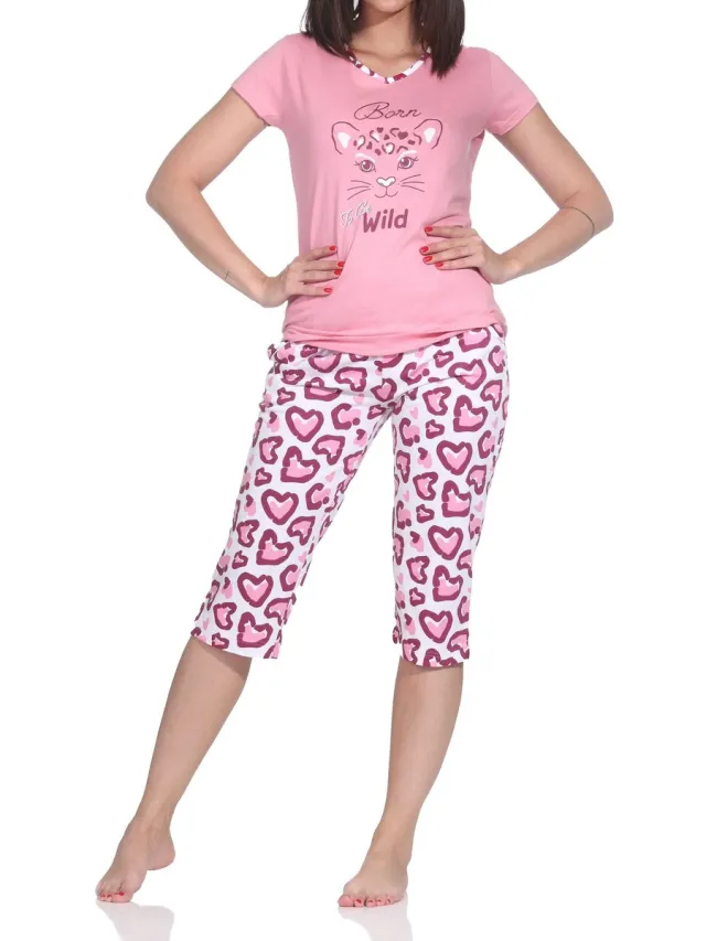 Normann dames capri pyjama korte mouw pyjama met dierenprintmotief – ook in grote maten rosa