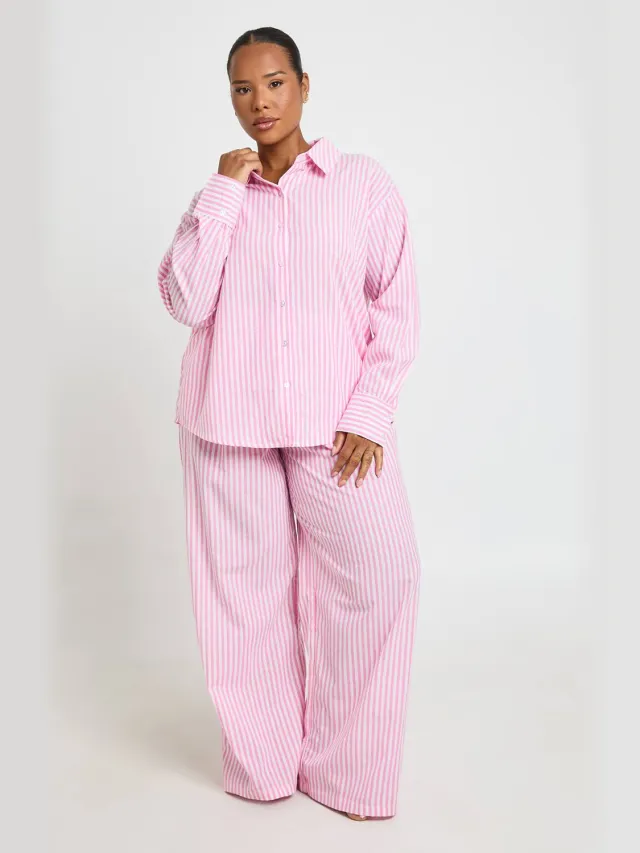 boohoo Dames Plus Katoenen Pyjamabroek Met Krijtstreep Roze