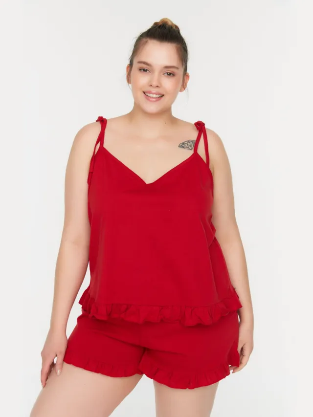 Trendyol Curve Koele Comfort Plus Size Pyjama Set in Rood