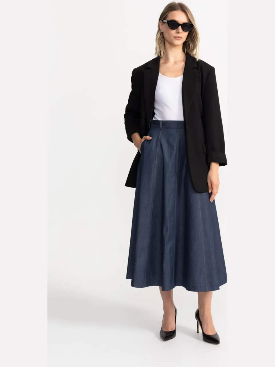 De IONESCU dames vegan Denim Midirok Dorna Blauw Extra donkerblauw