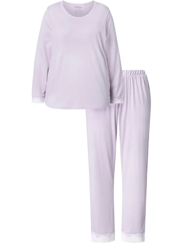 Ulla Popken Dames - Pyjama kant ronde hals lange mouwen - Lichtpaars - Maat 54+