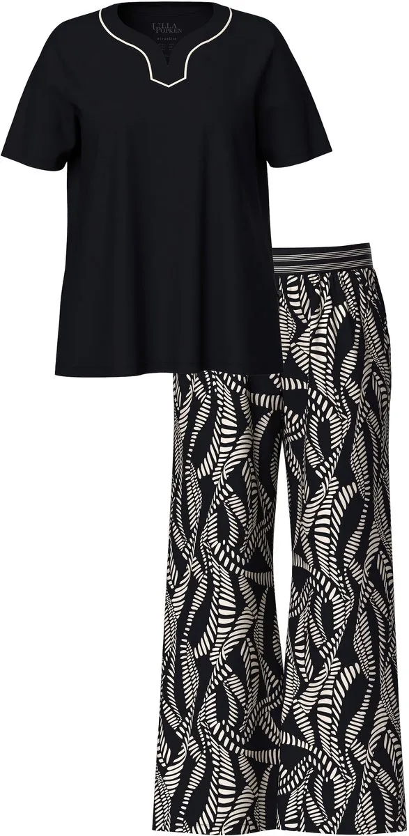 Ulla Popken Dames - Pyjama palmbomen hartvormige hals korte mouw - Zwart - Maat 54+