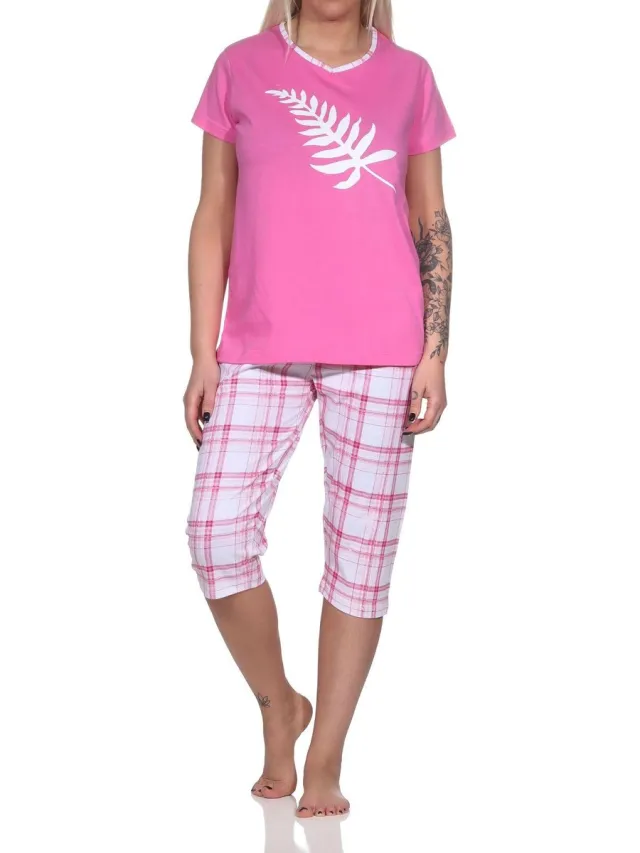 Normann Elegante capri-damespyjama met geruite ¾ broek en print op de voorkant pink
