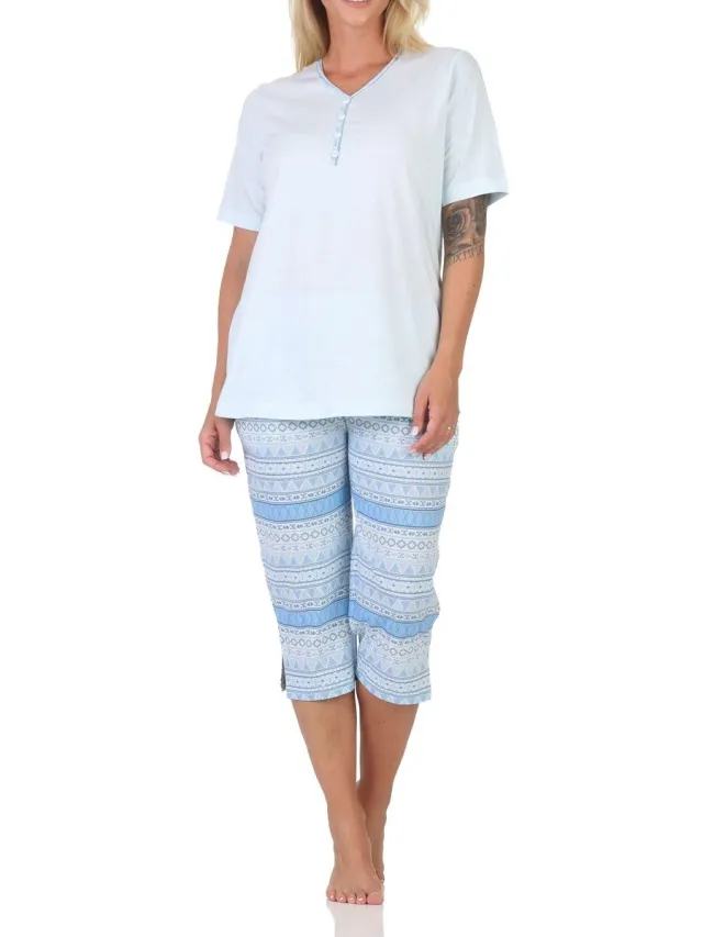 Normann dames capri pyjama met korte mouwen in Ethnolook - Ook in oversizes hellblau1