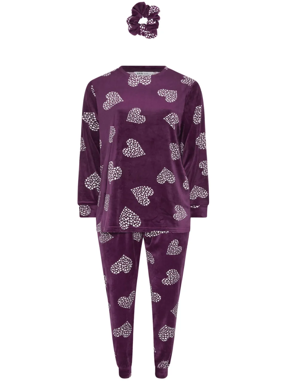 Yours Bordeauxrode Fleece Pyjamaset Met Hartprint En Scrunchie-56, foto 4