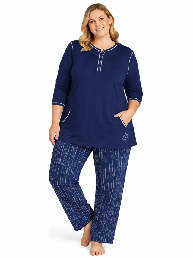 Normann Dames pyjama 100% katoen Navy - maat 3XL (56/58) Blauw