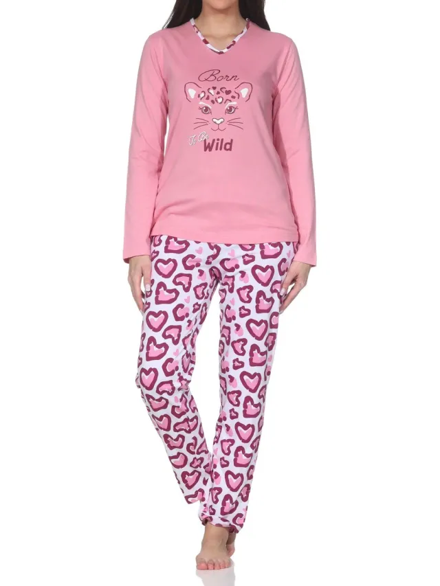 Normann dames pyjama lange mouw pyjama met dierenprintmotief – ook in grote maten rosa