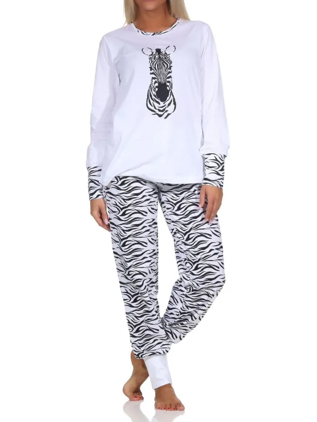 Normann damespyjama met manchetten en dierenmotief, broek in dierenprintlook weiß