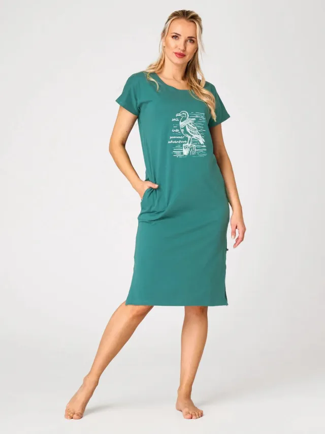 Key Katoenen Dames Nachthemd Lang Korte Mouw Zomer Print Petrol LHD 740 38 / Turquoise