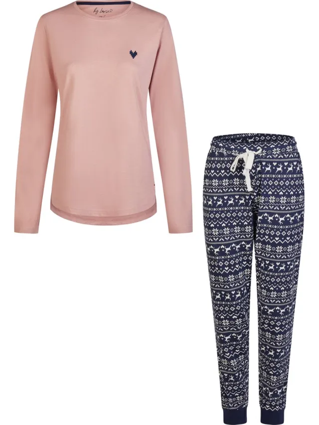 By Louise Dames Pyjama Set Lang Katoen Roze/Donkerblauw Norwegian Jacquard Print