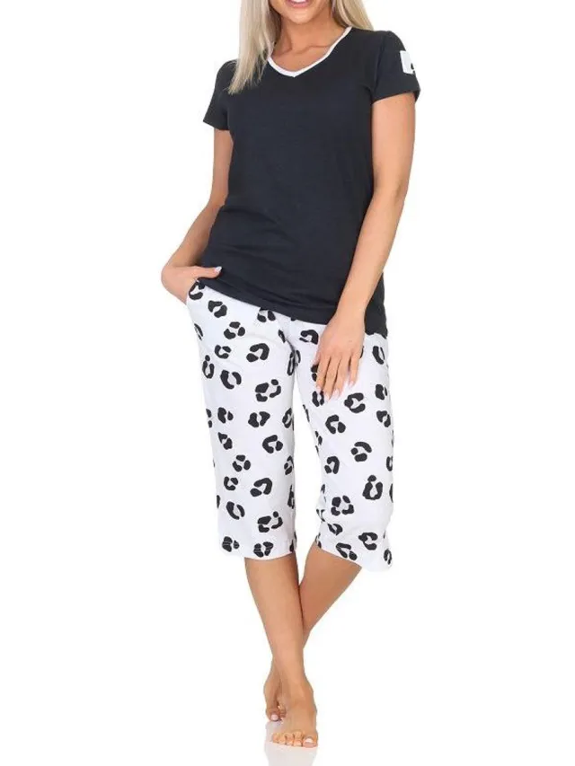 Normann dames capri pyjama shorty korte mouwen in zachte jersey met dierenmotief anthrazit-mel.