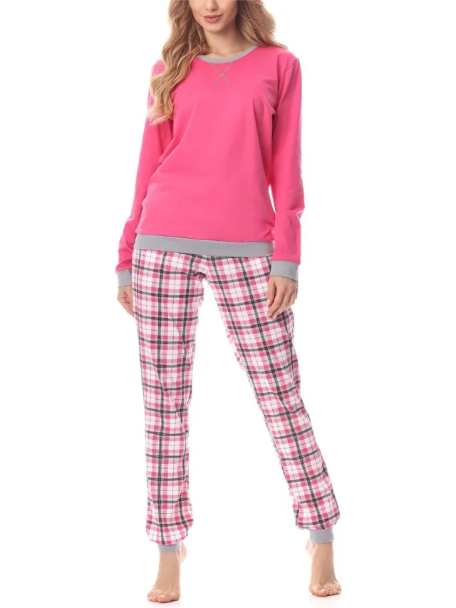 Merry Style MS-MS10-168-PJ Dames Pyjama - ronde hals - lange mouwen - lange broek met zakken - Katoen - Amarant/Grijs