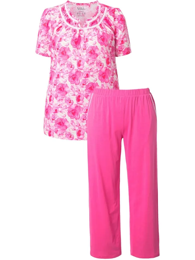 Ulla Popken Dames - Pyjama rozen kant ronde hals korte mouwen - Roze - Maat 54+