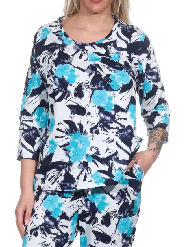Normann Dames Pyjama Shirt Lange Mouw Pyjama Top Mix & Match in Floral Optics hellblau