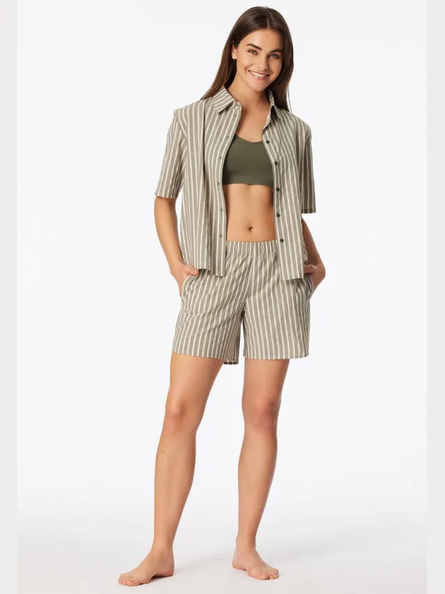 Schiesser dames Selected Premium korte pyjama van geweven stof met strepen in terracotta-kleur - olijfgroen dessin